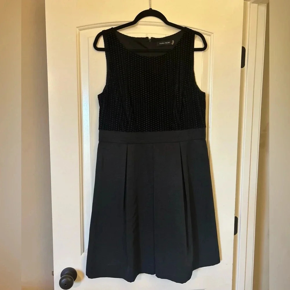 Ivanka Trump Black Sheath Dress. Black Velour Bodice w/ Box Pleated Skirt.